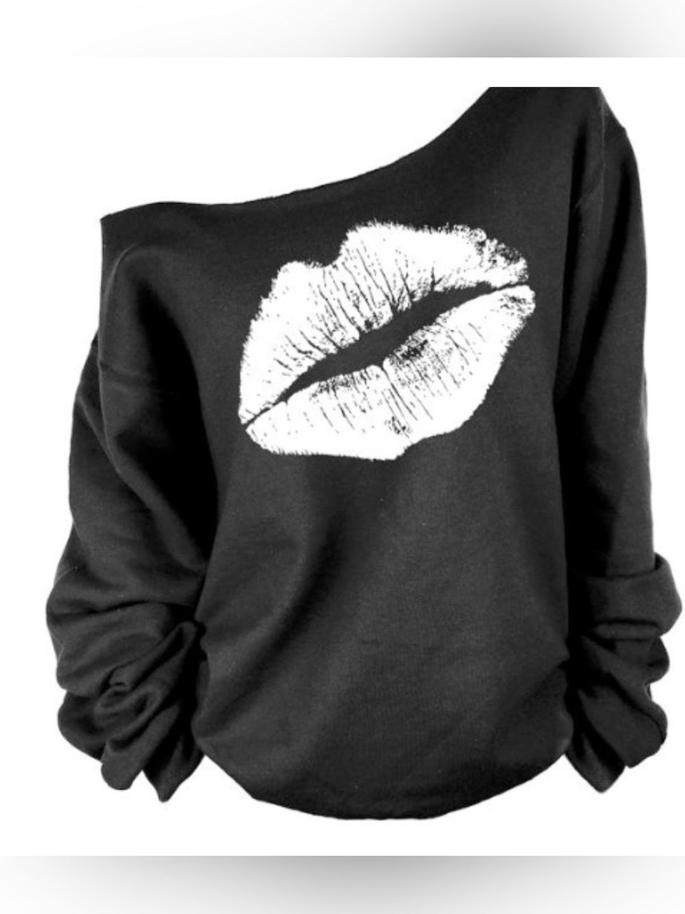 Black Off-Shoulder Sweatshirt with White Lip Print 80’s NWT XL